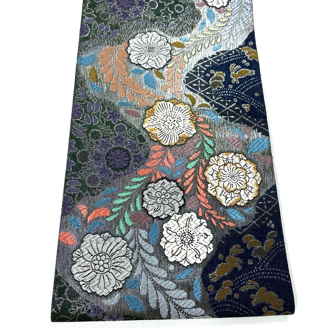 帯6394 ○田村星謹製 高級 正絹 吟遊辻ヶ花龍田川文 六通 袋帯 兎