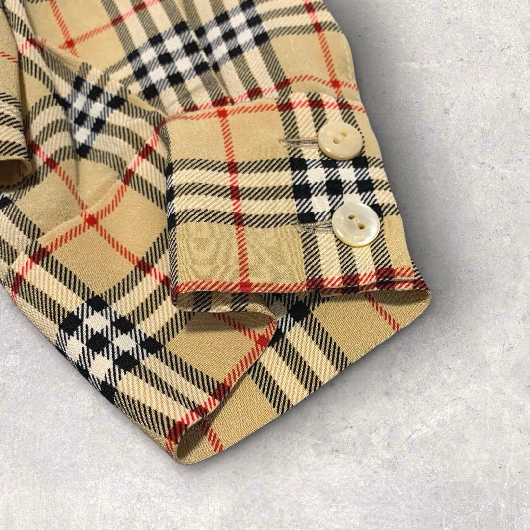 美品 シルク100%】バーバリー ノーカラー長袖シャツ ノバチェック