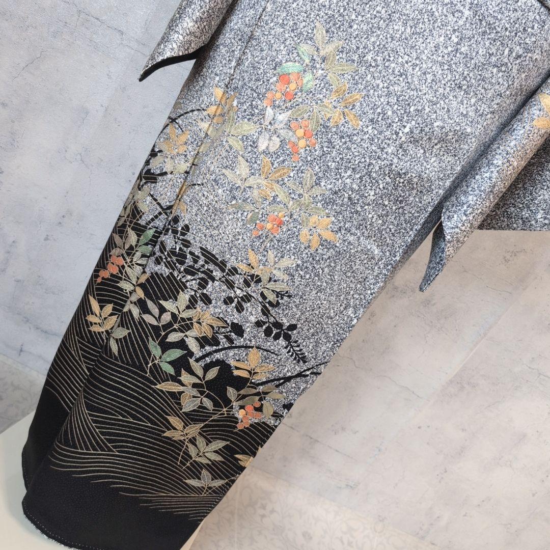 訪問着 フルセット 着物 正絹 たたき染め 金 刺繍 実 白黒 F4