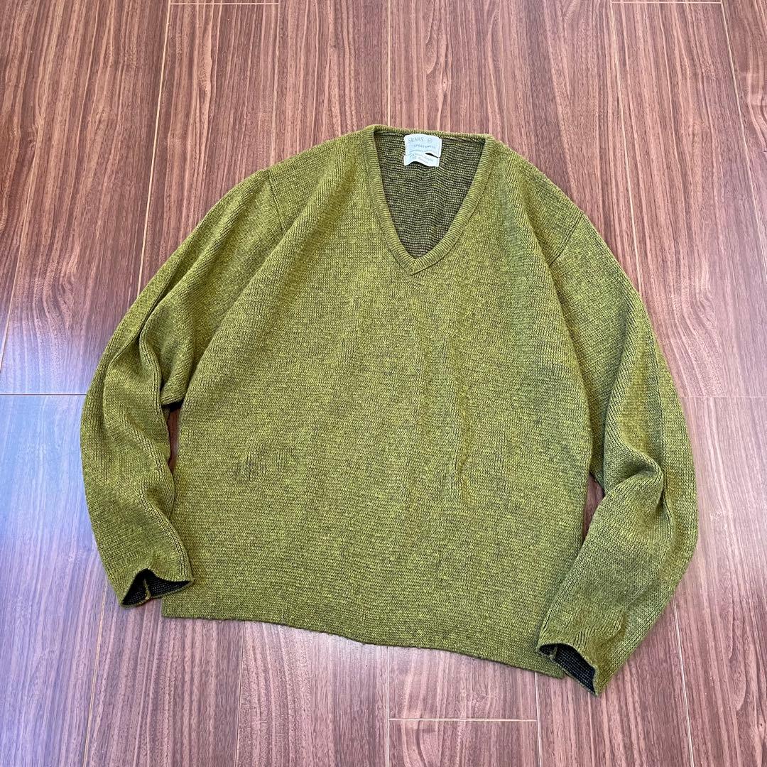 60sビンテージSearsシアーズVネック古着ニットセーターMメンズ抹茶緑