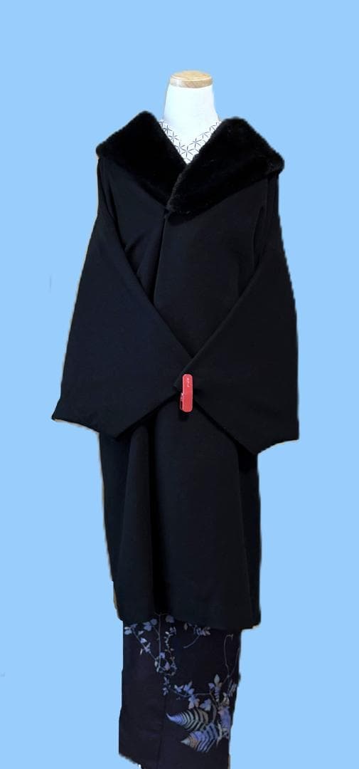 撫松庵 アンゴラ混ファー付きウール着物コート 黒 裄丈73.5 身丈