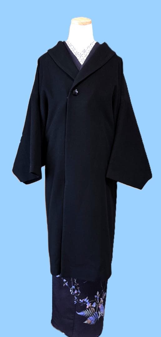 撫松庵 アンゴラ混ファー付きウール着物コート 黒 裄丈73.5 身丈