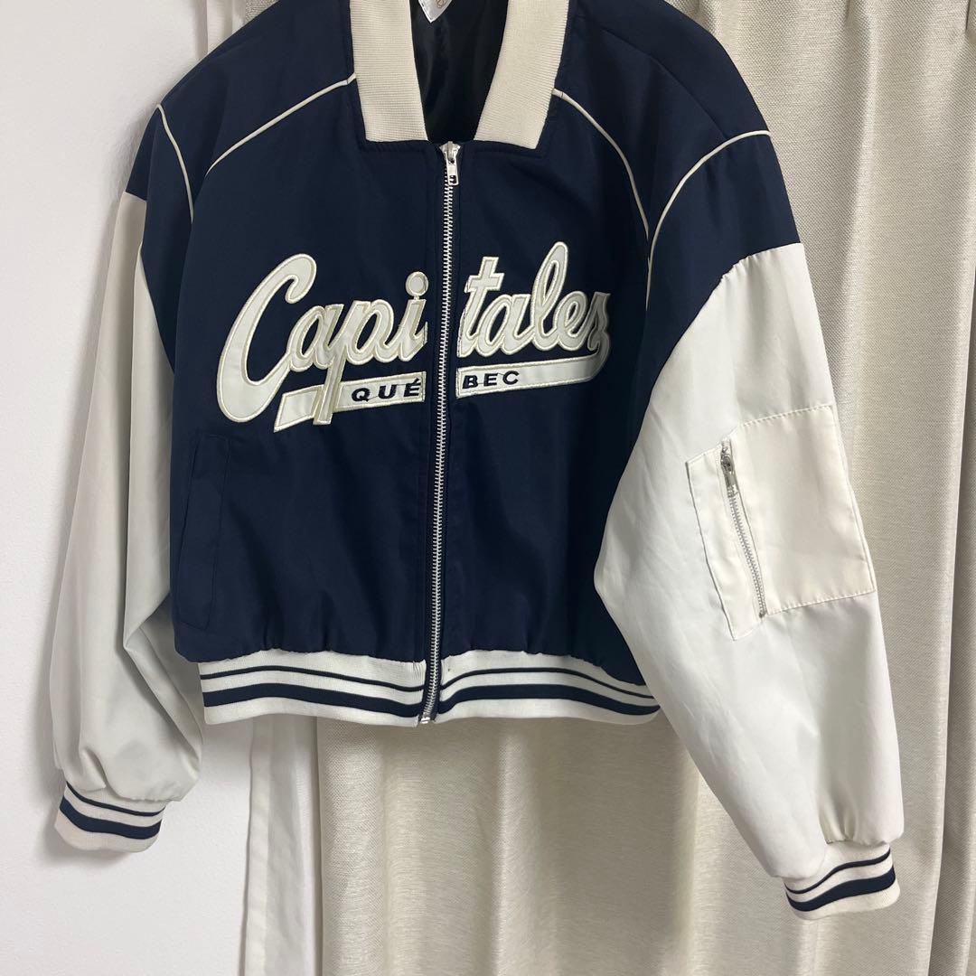 スタジャン ネイビー/ホワイト ロゴ入り - メルカリ