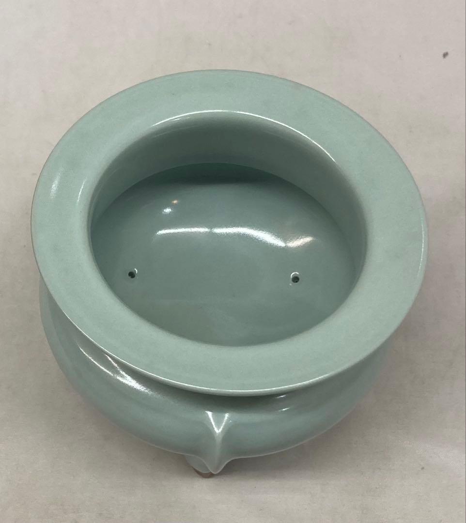 B507s「青瓷袴腰 香炉」諏訪蘇山作純銀四君子肉彫火舎 松與堂造 共箱