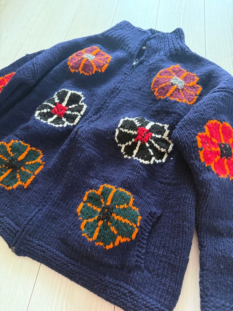 vintage エクアドル　ニット　フラワー　花　ビンテージ 1980's Vintage Mock Neck Sun Flower Ecuador Knit Sweater XL Black