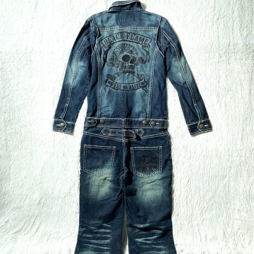 BLACK FLAME☆背スカル&ロゴ刺繍 ヴィンテージ デニムツナギ 15.5