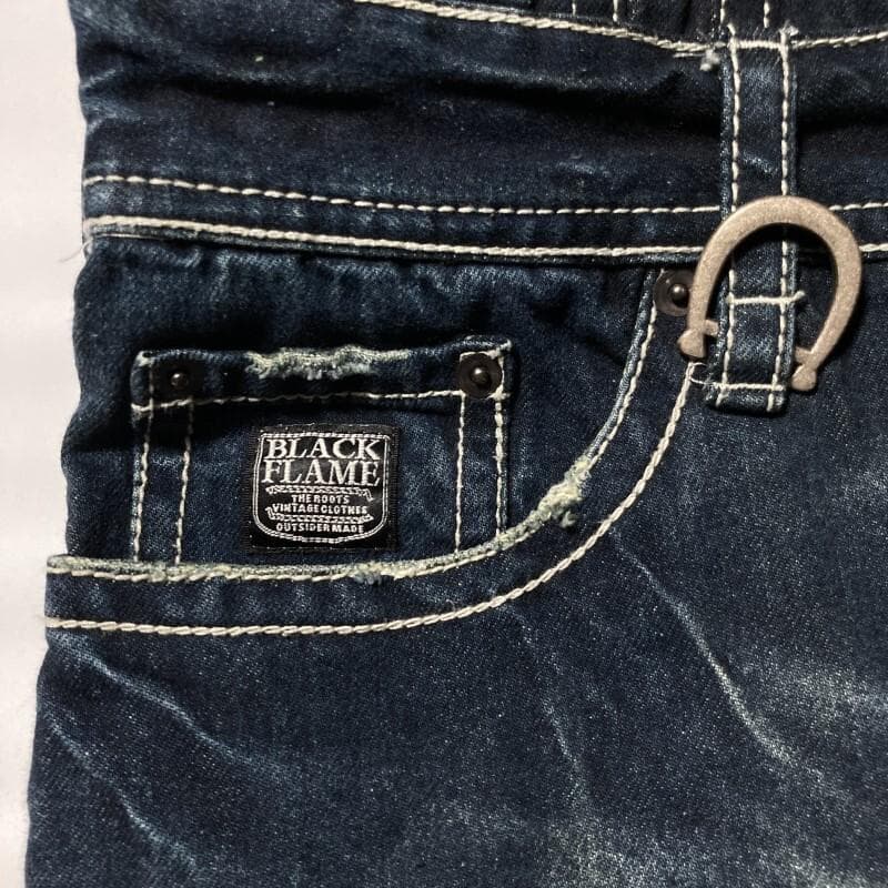 BLACK FLAME☆背スカル&ロゴ刺繍 ヴィンテージ デニムツナギ 15.5