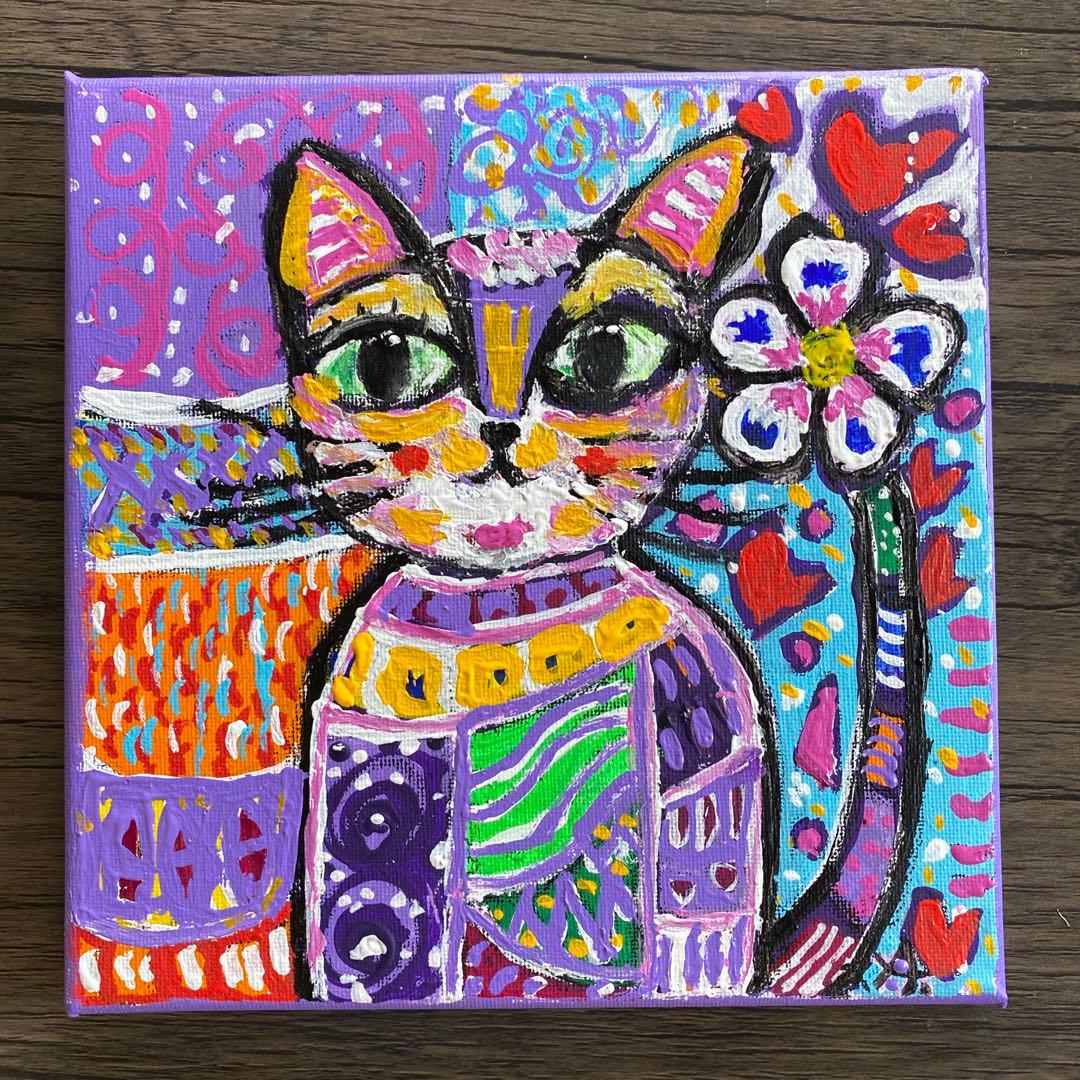 カラフルな猫のアクリル絵画 抽象画 POPアート 「猫の春ちゃん」20×20