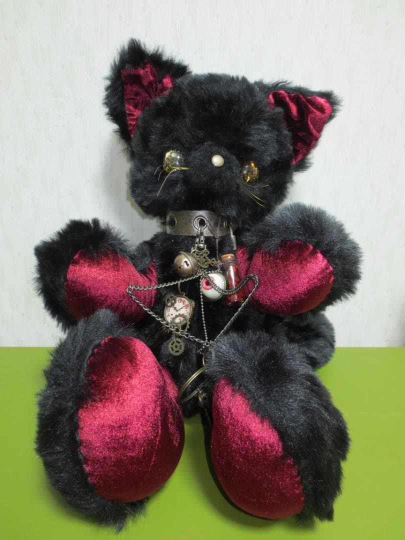 ハンドメイド スチームパンク黒猫 55㎝ ネコ 猫又ぬいぐるみ BIG