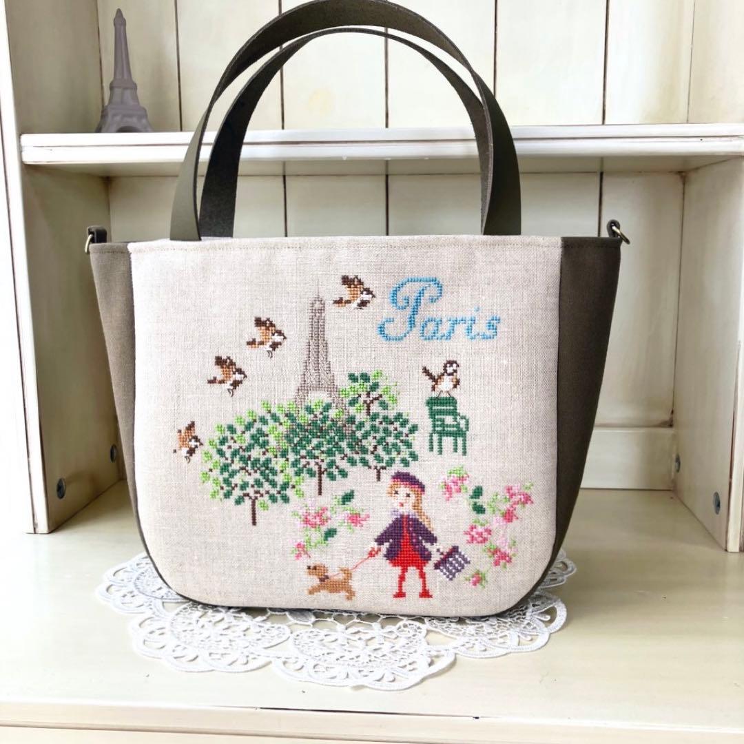 クロスステッチ❤︎本革持ち手トートバッグ サモイロフ ハンドメイド