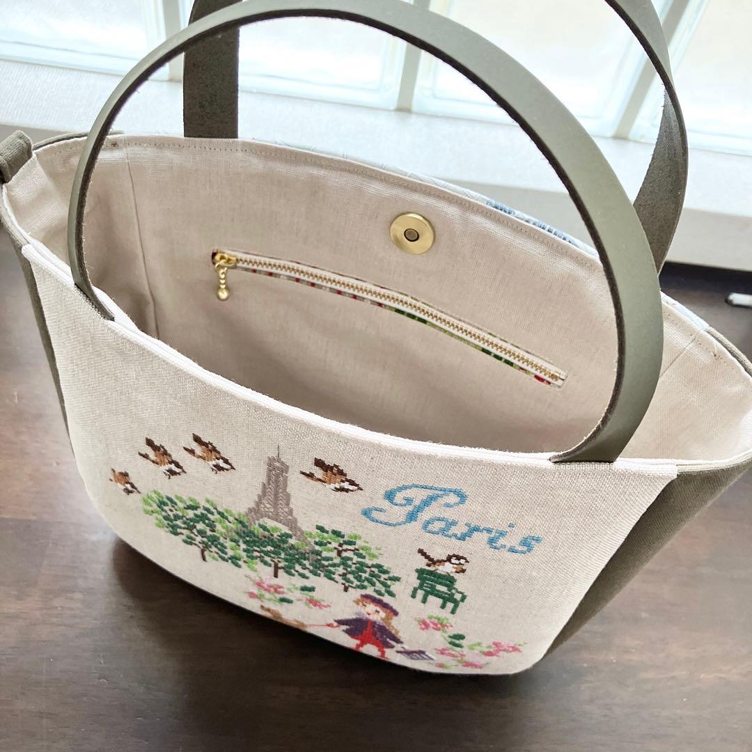 クロスステッチ❤︎本革持ち手トートバッグ サモイロフ ハンドメイド