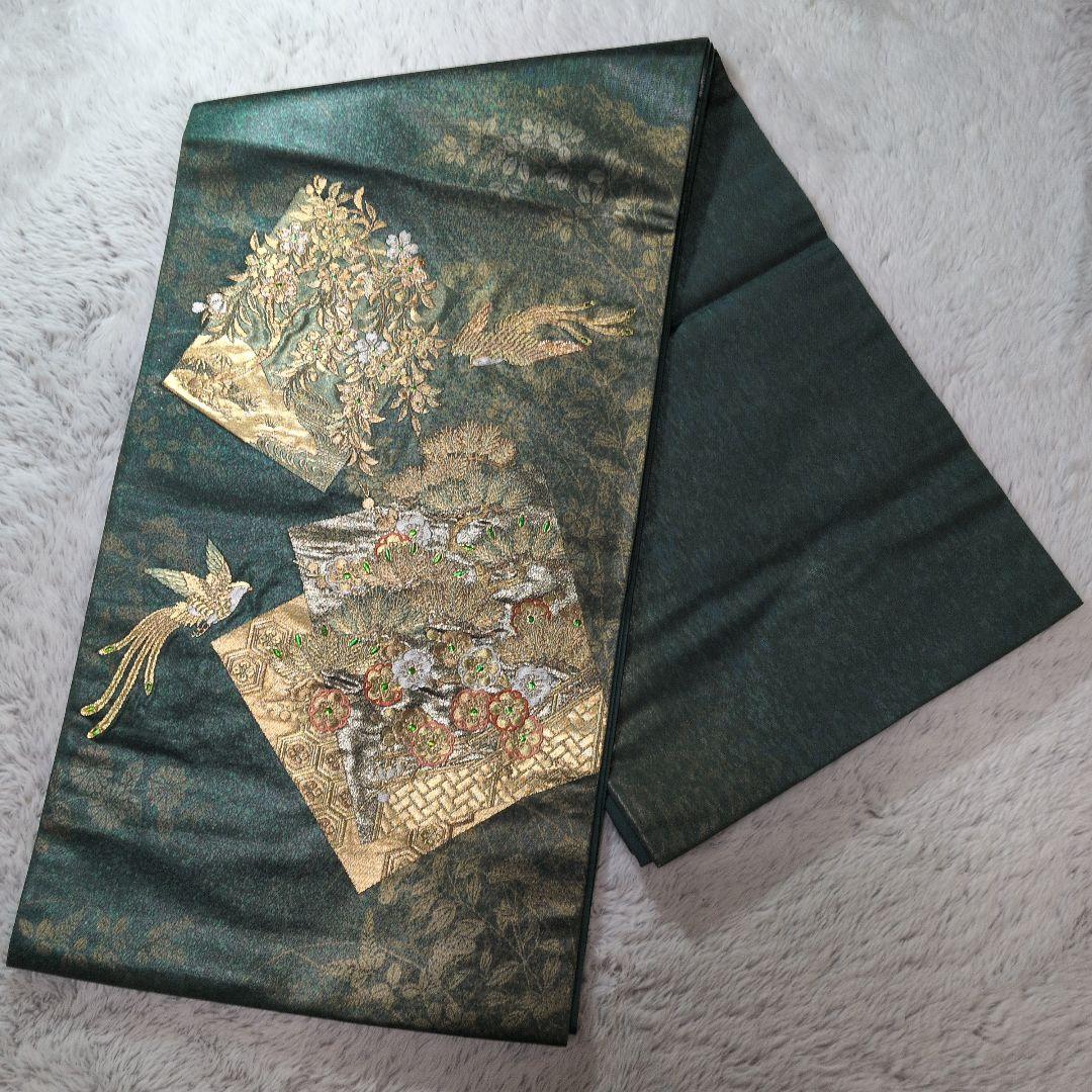 ♥美品♥金糸の花と鳥の刺繍が華やかな緑色の袋帯 鶏と菜花＊にわとり 刺繍 鳥 花 繻子 グリーン 緑 アンティーク名古屋