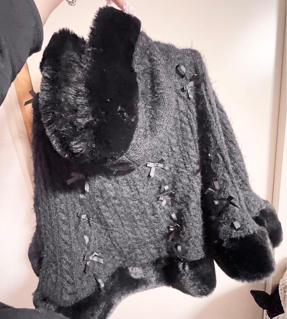 LIZLISA リズリサ ダブルリボンニットファーポンチョ ブラック 黒