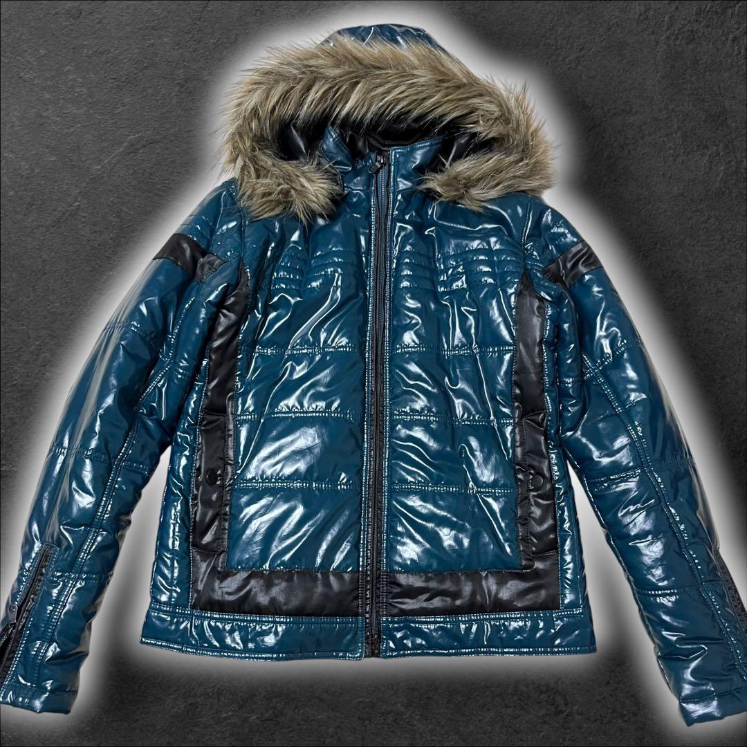 00s y2k ファーダウンジャケット 平成 お兄系 光沢 タイト 青緑 短丈