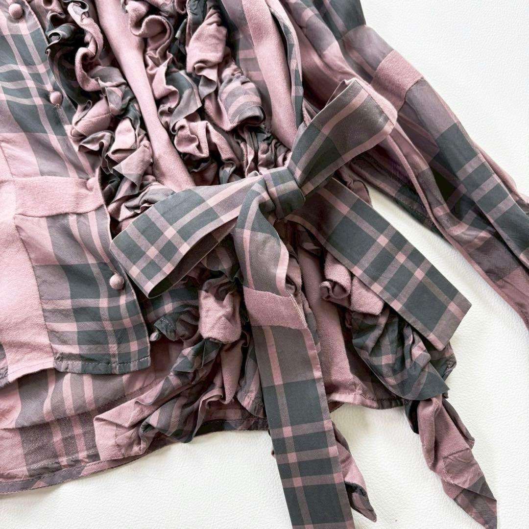 チカキサダ 長袖 フリルデザイン ブラウス チェック リボン