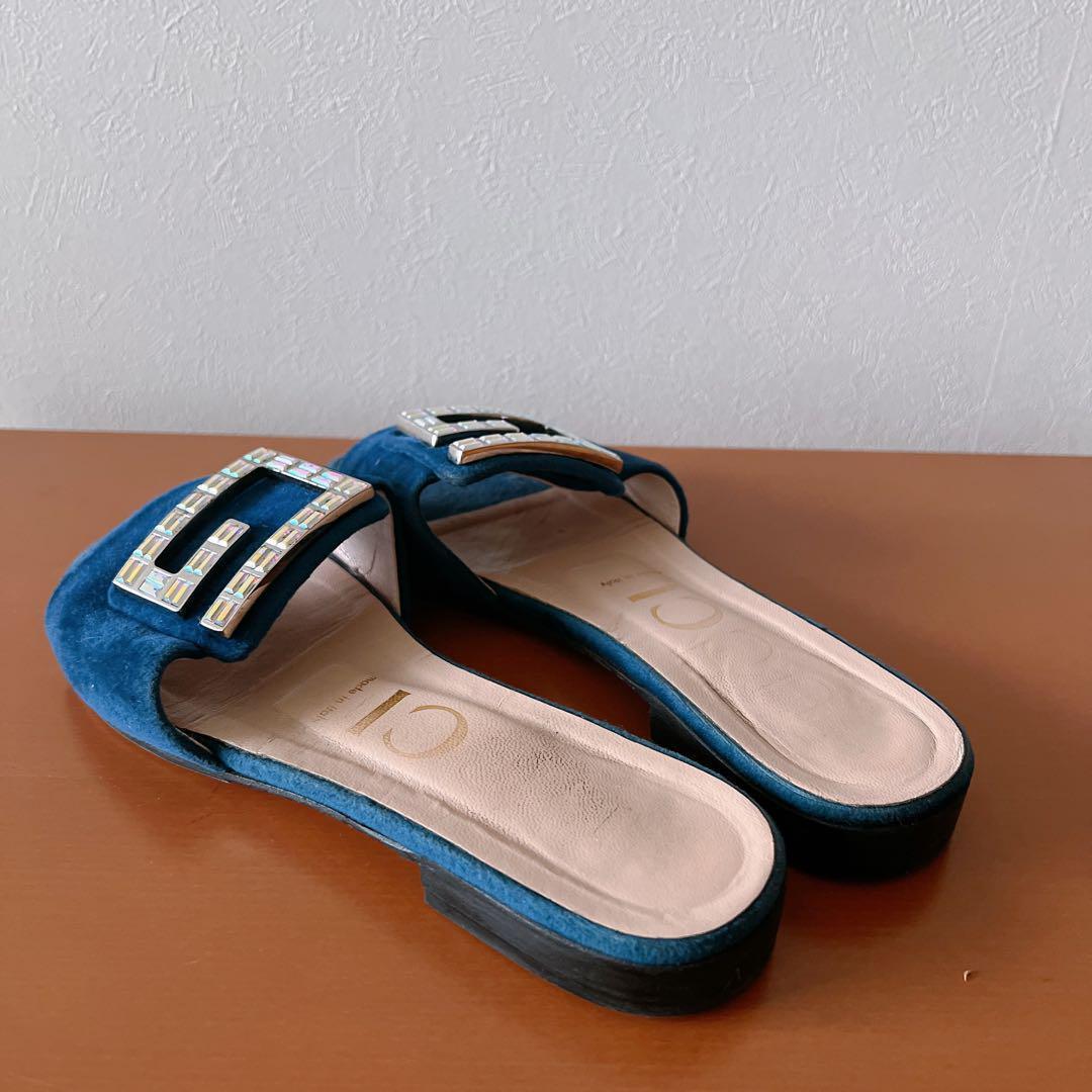 グッチ クリスタルビジューGベロアサンダル ネイビー レディース 24.5