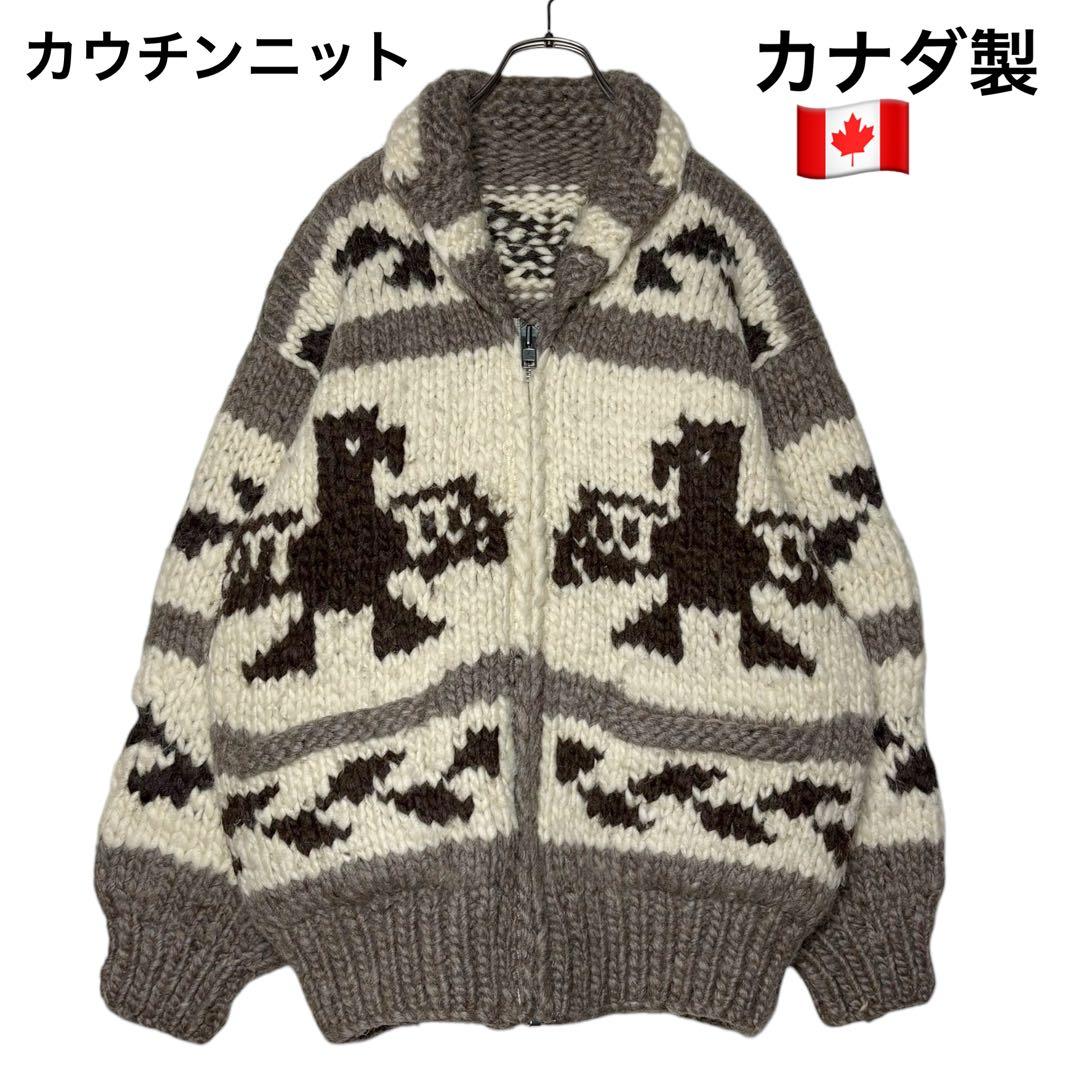 カナダ製 カウチンニット 白×ベージュ L ビッグイーグル ノルデック柄