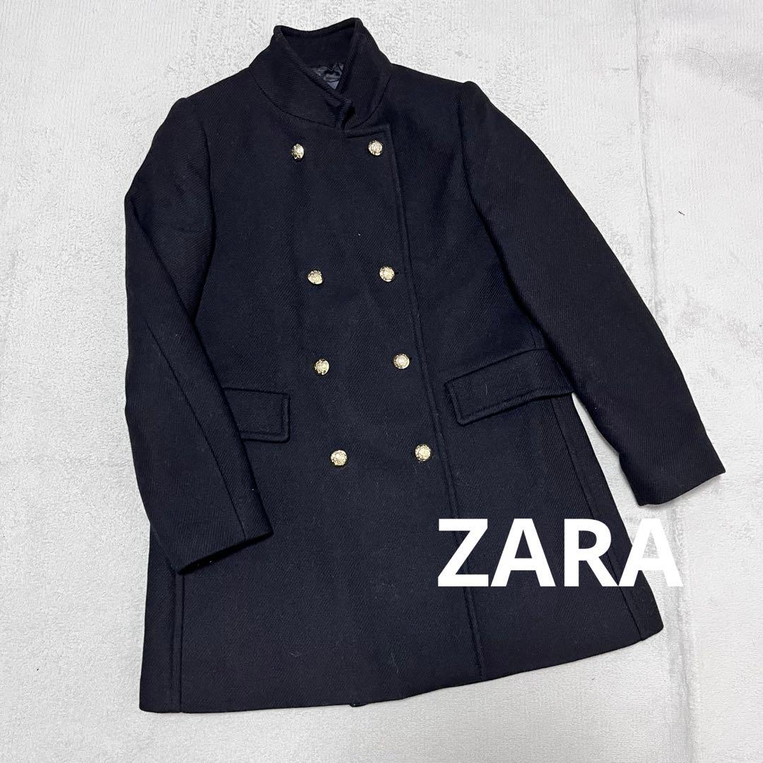 ZARA ナポレオンコート ブラック 金ボタン ウール ロング L ダブル 黒