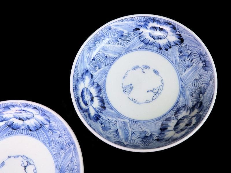 古伊万里 染付 線描き 草花紋の図 3寸半 手塩皿 2枚 E770AS-