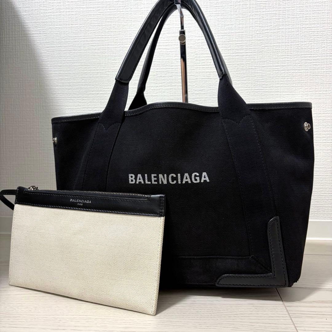 美品】バレンシアガ ネイビーカバスS ハンドバッグ キャンバス ポーチ