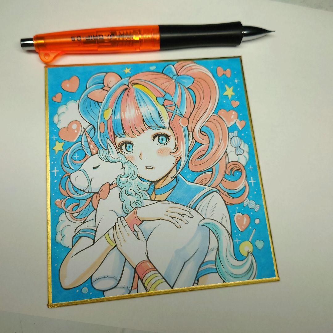 手描きイラスト 097】オリジナル原画色紙美人画「ゆめ可愛い世界の