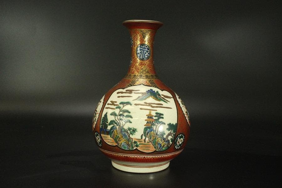 NA3356 九谷焼 田村金星 百人一首 細字書 龍山作 花瓶 風景 人物 花瓶