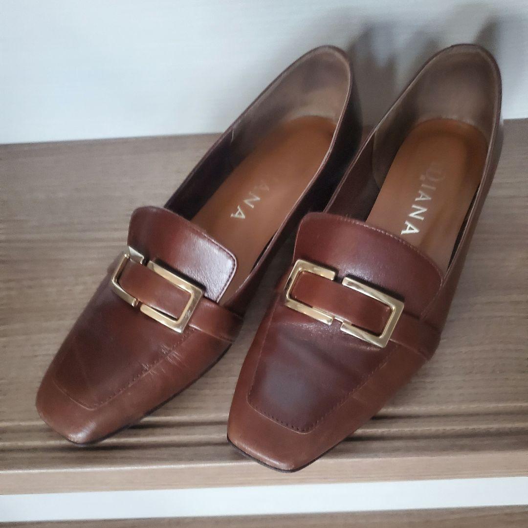 DIANAブラウン スクエアトゥローファー ゴールドバックル 23.5 革靴
