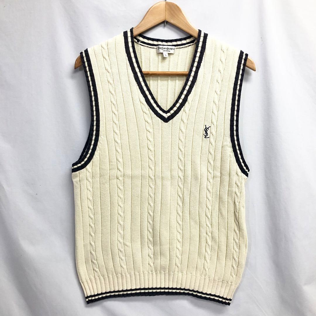 16】イヴサンローラン ニットベスト ケーブル編み YSLロゴ - メルカリ