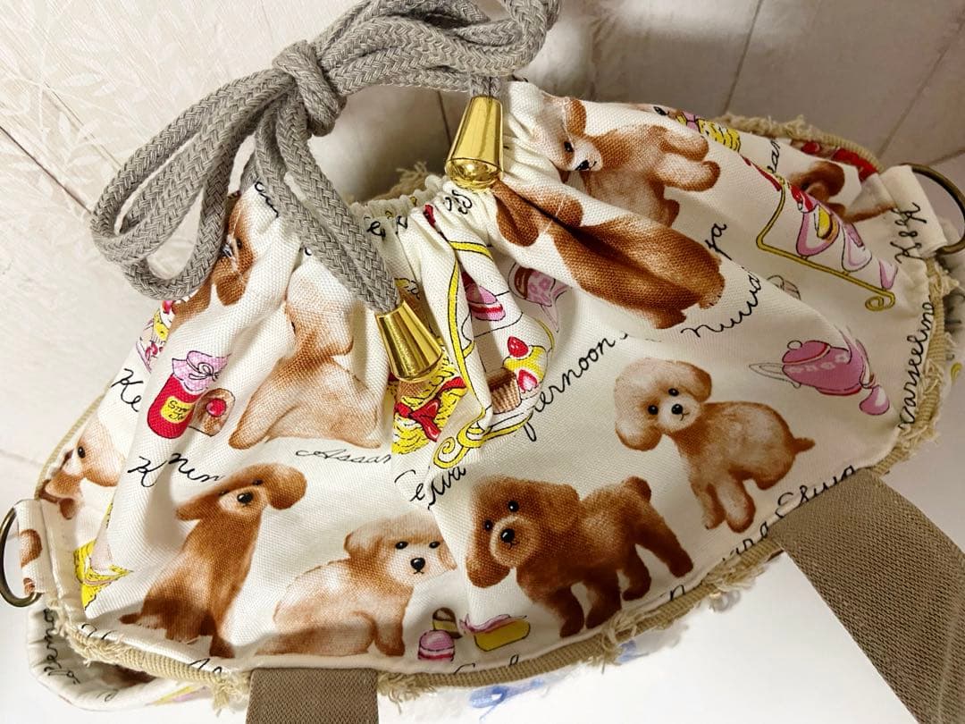 デニムリメイクバックS ベージュフリンジ×わんちゃん - ハンドバッグ