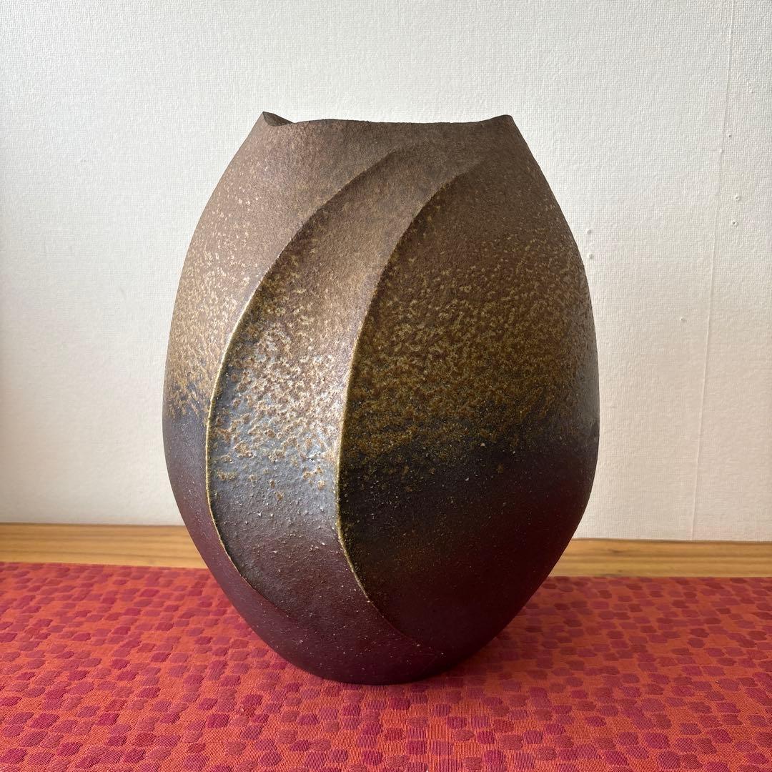 山下譲治 備前扁壷 綾線文扇壺 共箱共布栞 高さ約