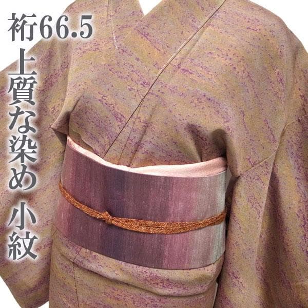 小紋 着物 袷 紫 黄緑 黄色 霞 上質な染め 裄66.5 L 中古 sn629