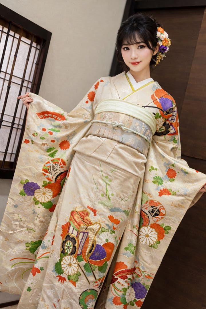 振袖フルセット6点サイズM〜L駒刺繍 寿光織り 御所車花鼓文 金彩 金糸