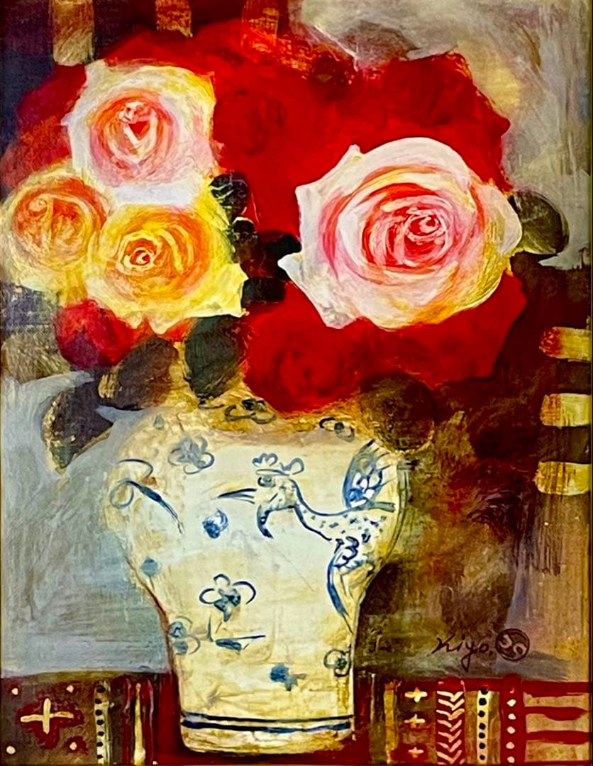 清原啓一 真作「李朝壺の薔薇」 油彩6号 サイン 裏面に題名・署名 格調