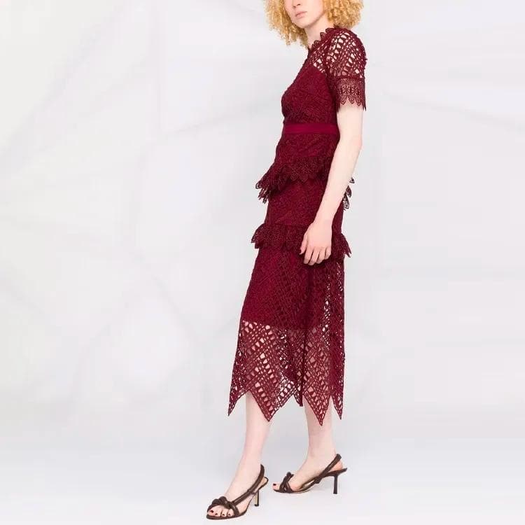 セルフポートレイト ワンピース スカラップ レース ボルドー UK8 未