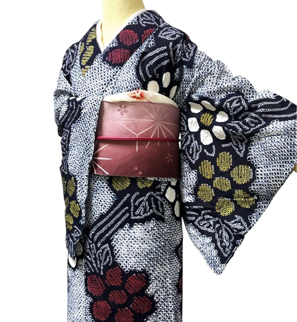 AA35有松鳴海絞り 高級浴衣 花 綿 美品 - メルカリ
