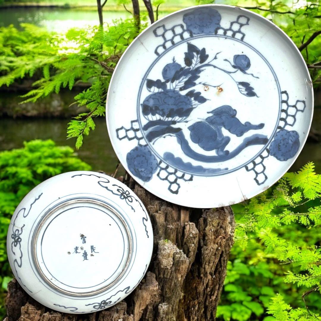 古伊万里 富貴長春 唐獅子牡丹図 染付 江戸期 緣起物 大皿 - メルカリ