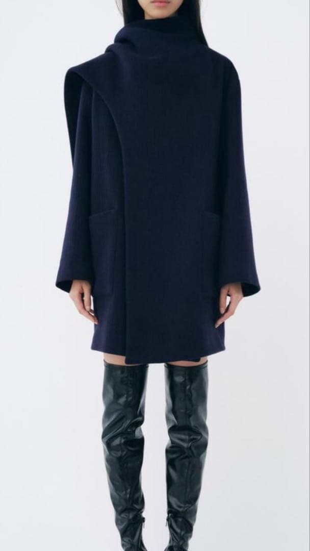 ザラ ZARA アウター ウール混紡スカーフ付きコート ネイビー - メルカリ