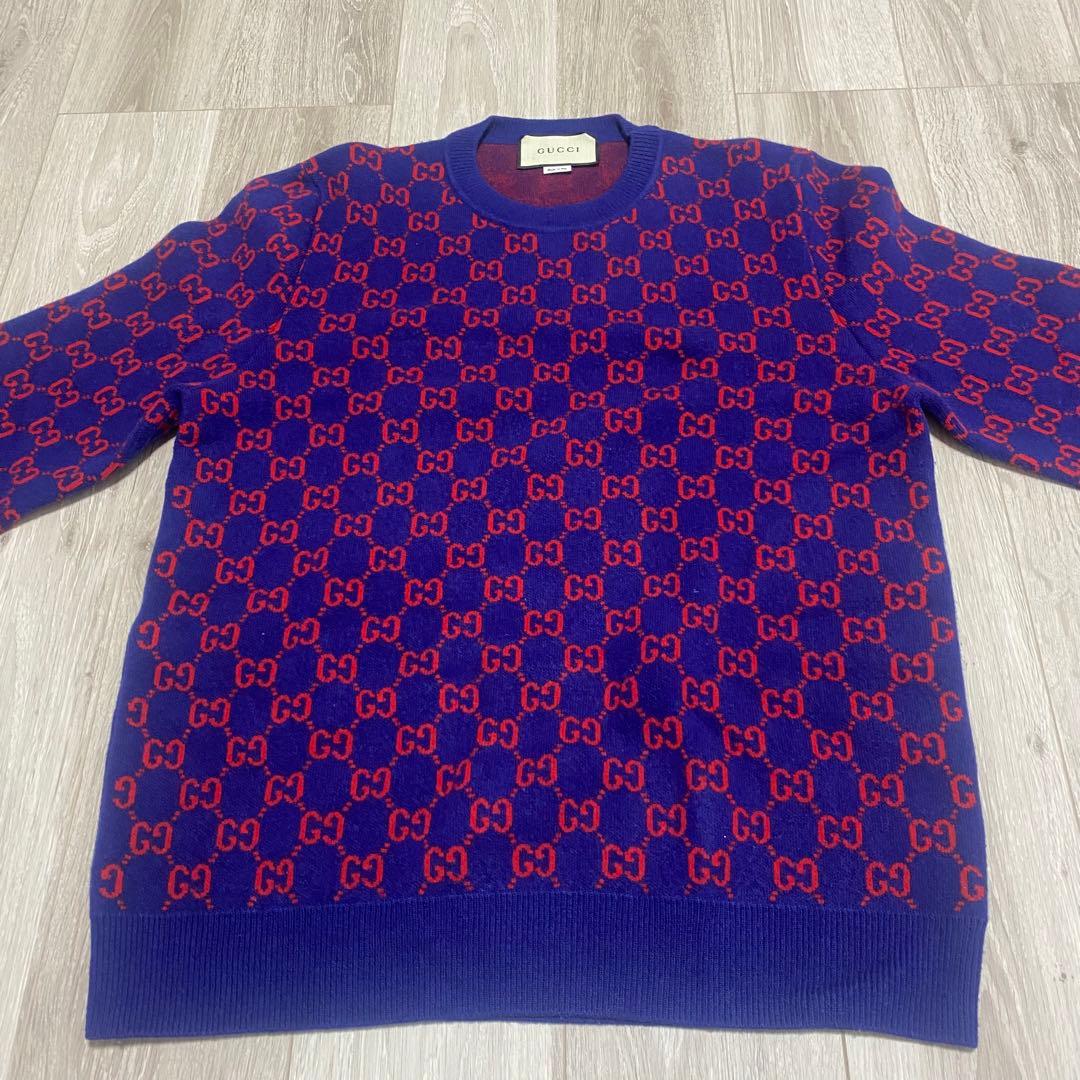 美品 GUCCI グッチ ニットセーターGGロゴ 青赤size L - メルカリ