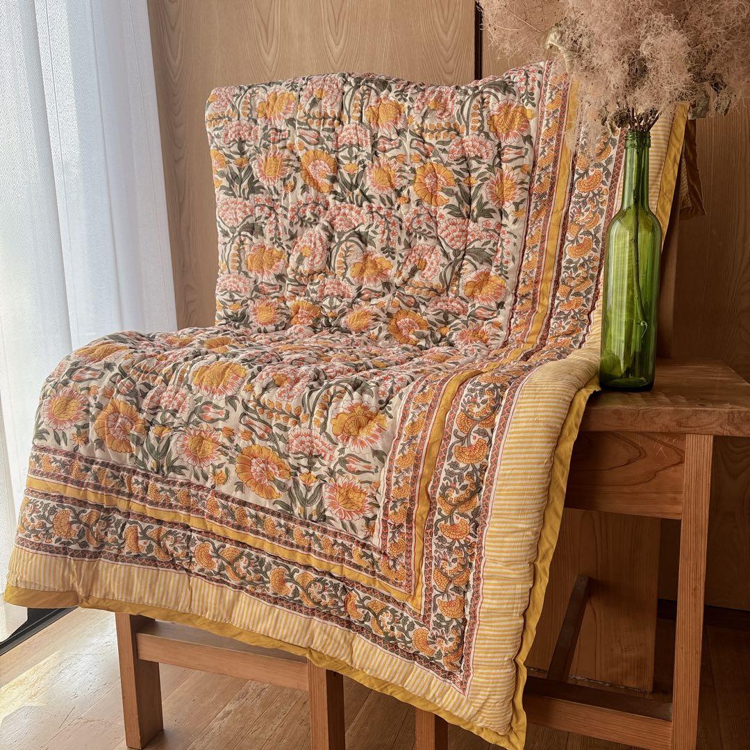 未使用※インド ブロックプリント 中綿入りベビーキルト ガーデン