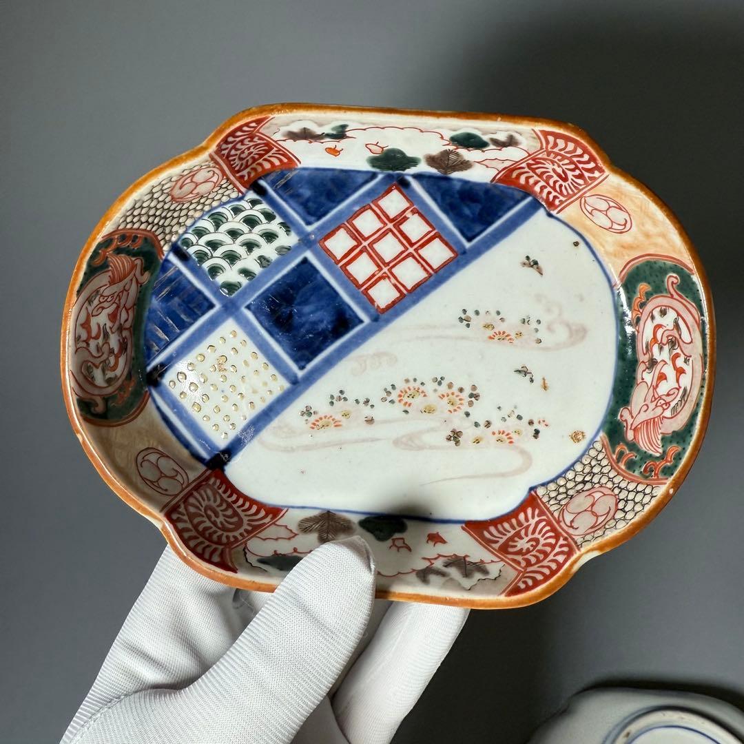 古伊万里 色絵幾何学文木瓜形皿 五客 裏文様有 巻物 宝珠 幕末〜明治期