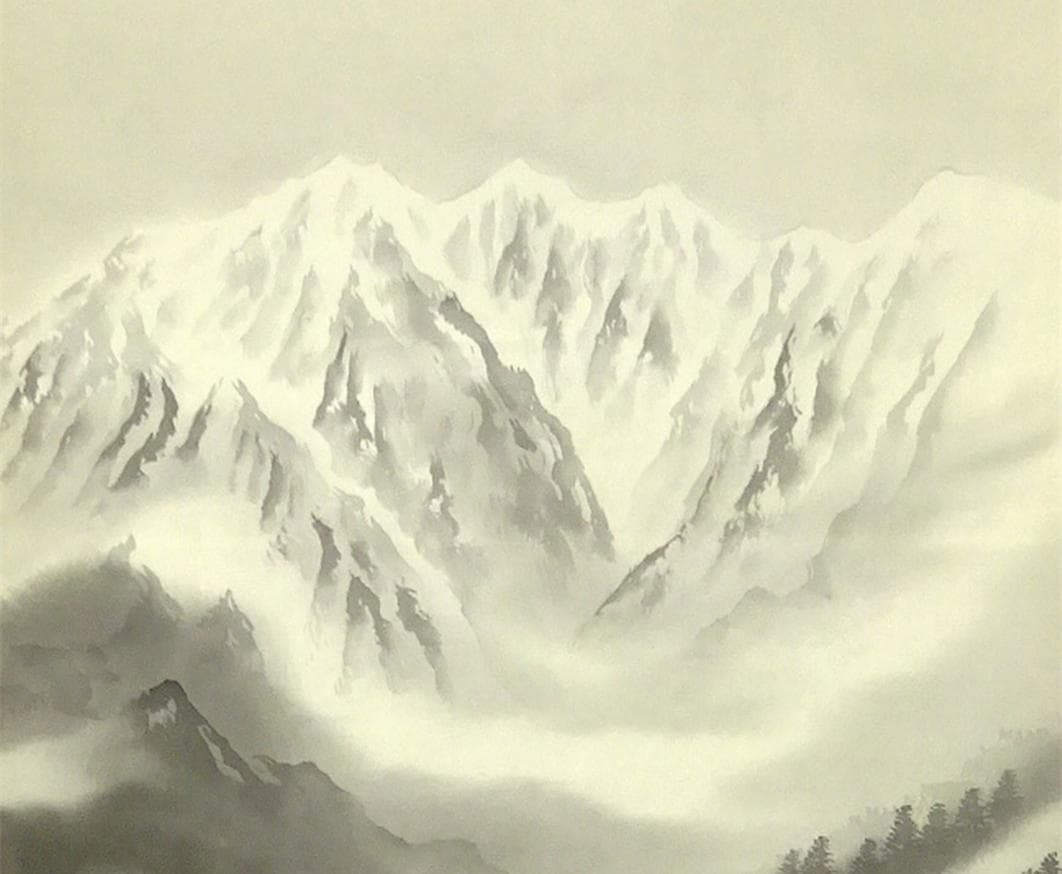 真作】掛軸 荻野次郎『大正池 山水図』絹本 肉筆 共箱 掛け軸 a072810