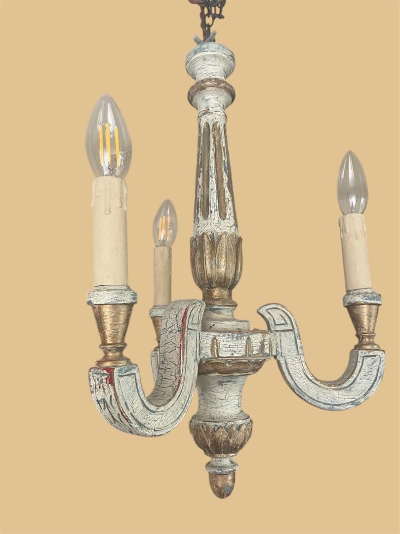 アンティーク　ペイント　ビンテージ　木製シャンデリア　キャンドル　ろうそく型 レア・モデル！北欧木製シャンデリア/吊り下げキャンドル・ホルダー
