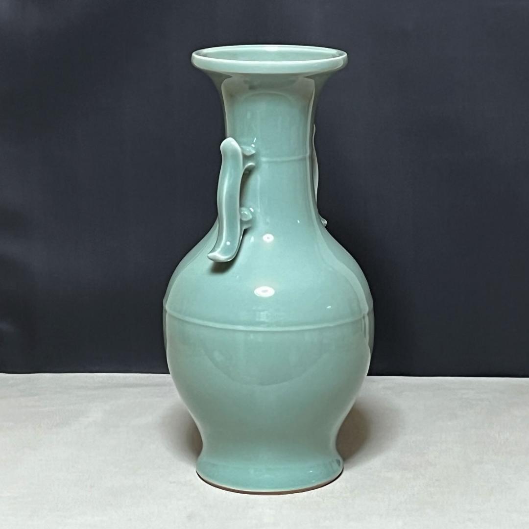 加藤渓山 砧青磁 耳付 花瓶 共箱 青磁 耳付花入 茶道具 【k3251