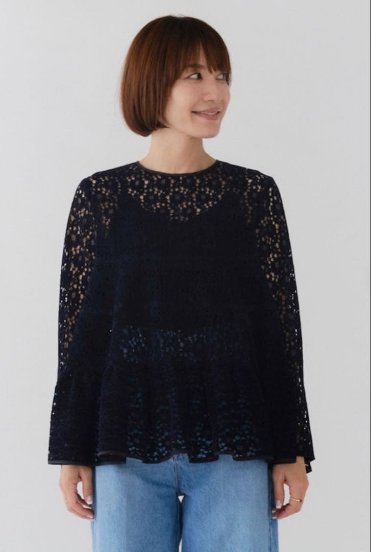 新品未使用】yori フロッキーレースティアードブラウス ネイビー 38