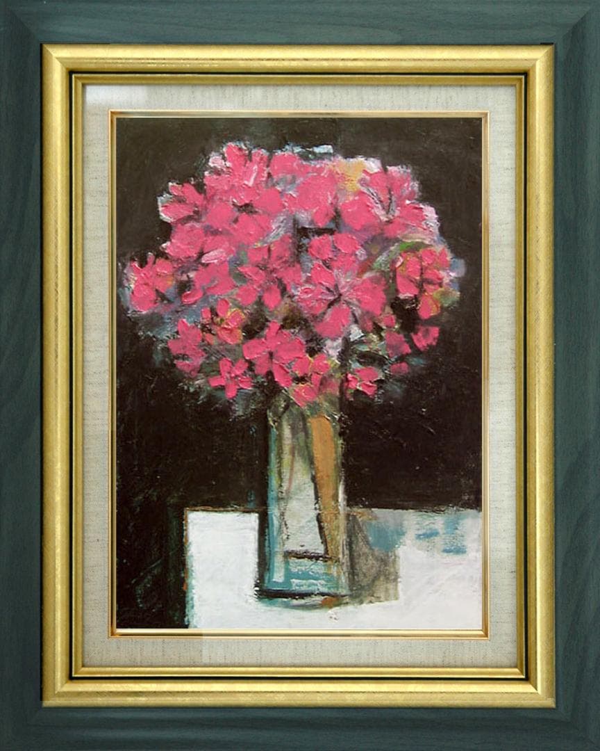 油絵 菅家令子 絵 絵画インテリア 額付(青緑＋金色の枠)uF6-113602花 油絵 菅家令子 絵 絵画インテリア 額付(青緑＋金色の枠)uF6-113302花