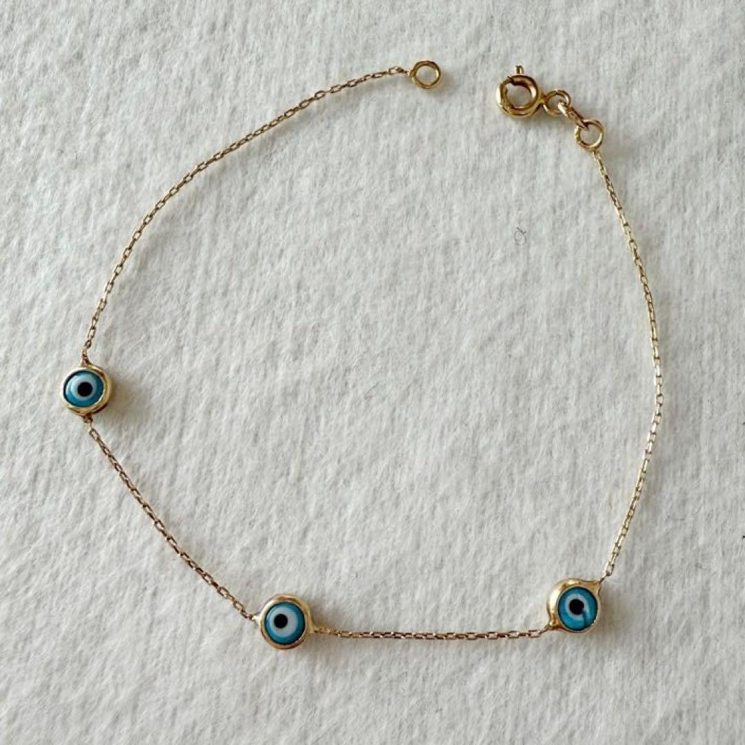 トルコ製 14Kゴールド ブルーアイ ブレスレット 極細チェーン 14KGF】つけっぱなしOK！細見え！極細チェーンブレスレット