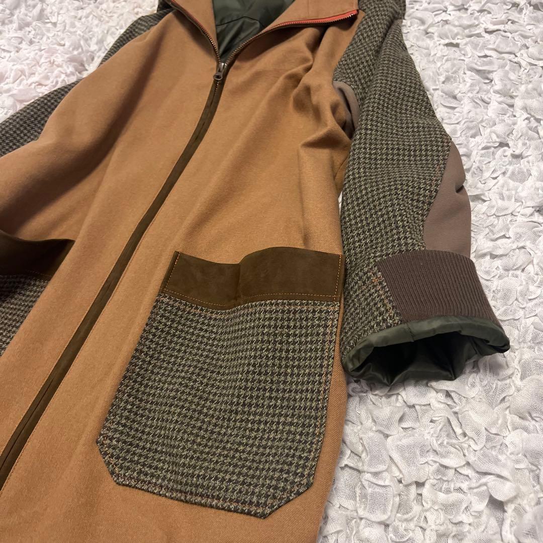 美品【ROSIER ロジエ】日本製 異素材MIX 切り替え コート フード 茶の