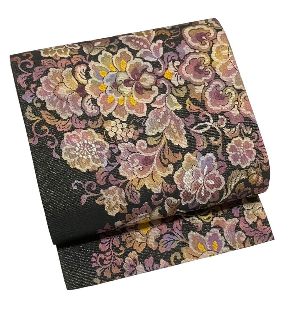 西陣弐重経織 袋帯 六通柄 正絹 葡萄花唐草 未使用に近い イ6544 200300695.jpg