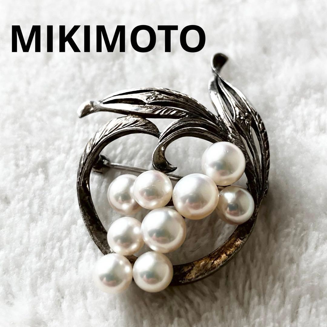★美品★ミキモト　パールブローチ　あこや真珠　　シルバー　7粒　リーフ　ハート ミキモト ブローチ アコヤ 本真珠 約7mm 5粒リーフモチーフ パール 287