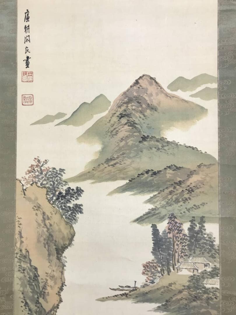 真作/西尾廣耕/山水遊舟図/山水図/青緑/秋景山水図/名家伝来/AD-883